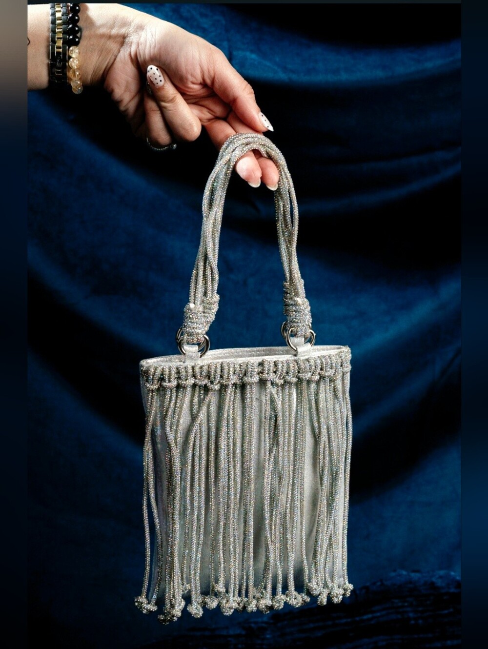 Silver Beaded Fringe Evening Bag - Women Bags